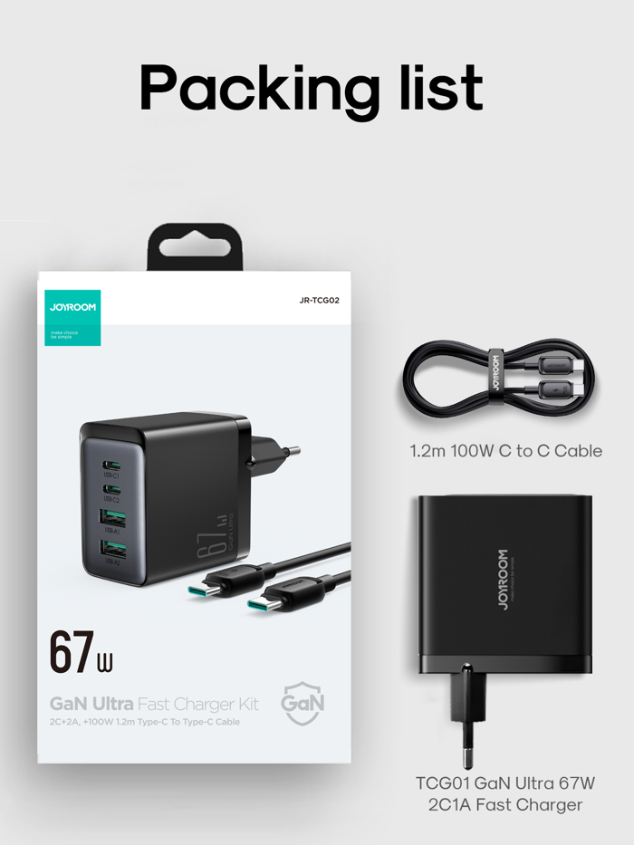 Joyroom jr-TCG02 GaN Ultra 67W 2C 2A Fast Charger with 100W Type-C to Type-C Cable 1.2m